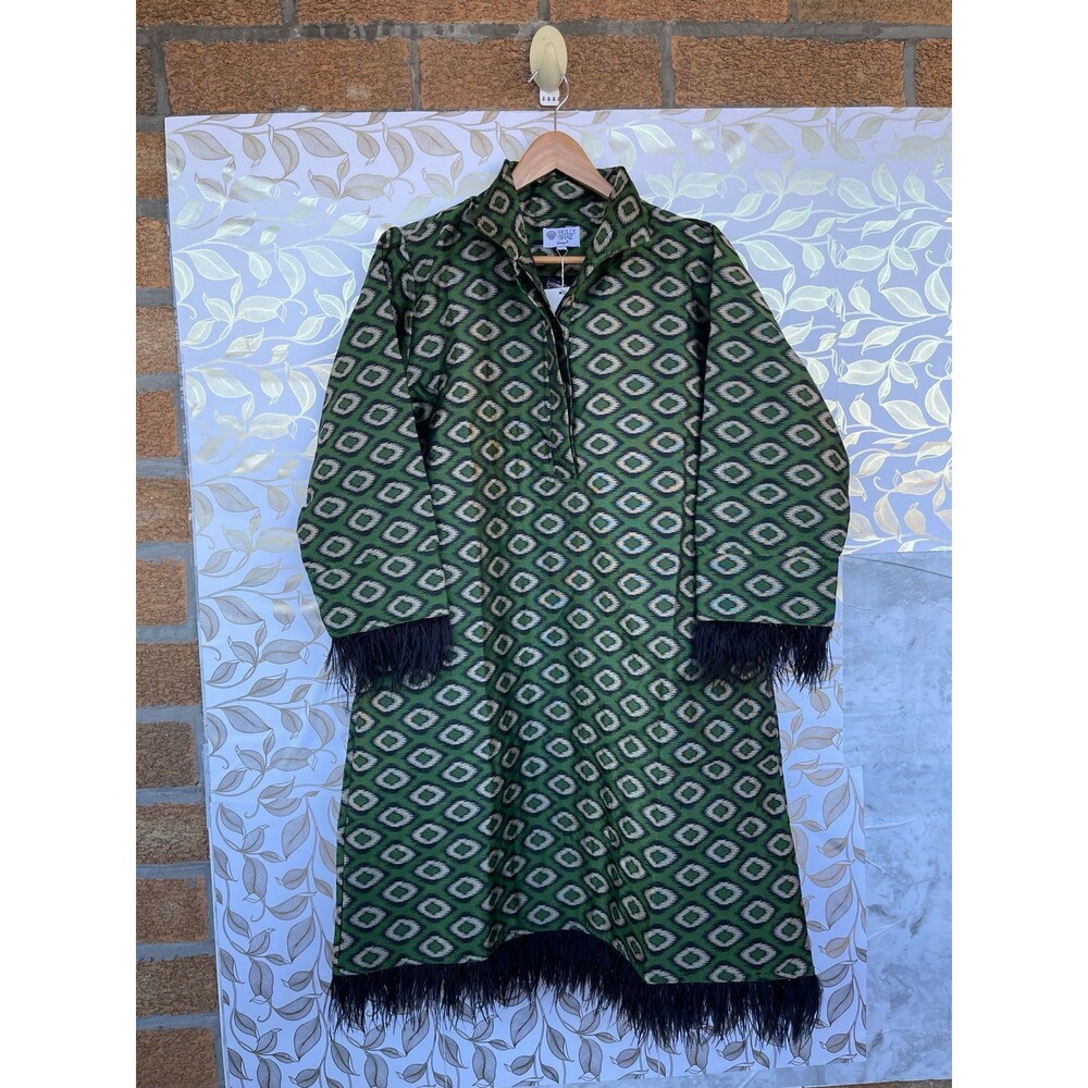 Green Geometric Midi Dress with Feather Trim